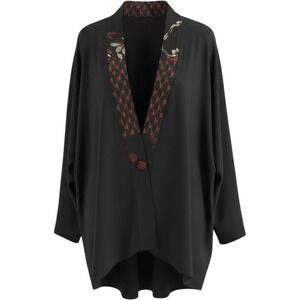 Yasuko Vintage Kimono Silk Jacket Open Front Black Art To Wear Womens S/M